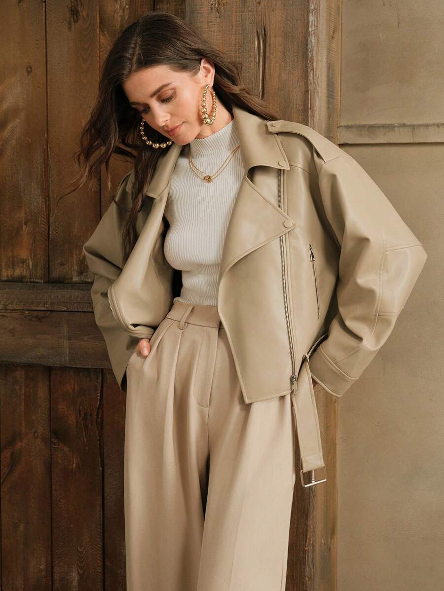 Anewsta 女士时尚高端卡其色翻领 PU 皮革短夹克 - 卡其色 - 查看 1