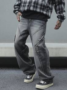 Manfinity EMRG Men's Straight Relaxed Fit Casual Jeans With Pockets, Plain Long Baggy Dark Grey Washed Jeans, For Husband, Boyfriend Gifts - Black - View 5