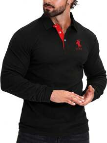 Manfinity Dauomo Men's Casual Everyday Horse Print Button Half-Open Collar Long Sleeve Polo Shirt, Autumn - Black - View 4