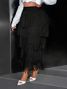 Slaydiva Chân váy ôm dáng màu xanh bơ tua rua dành cho nữ cỡ lớn, thanh lịch và thời trang cao cấp. - màu đen - Xem 6