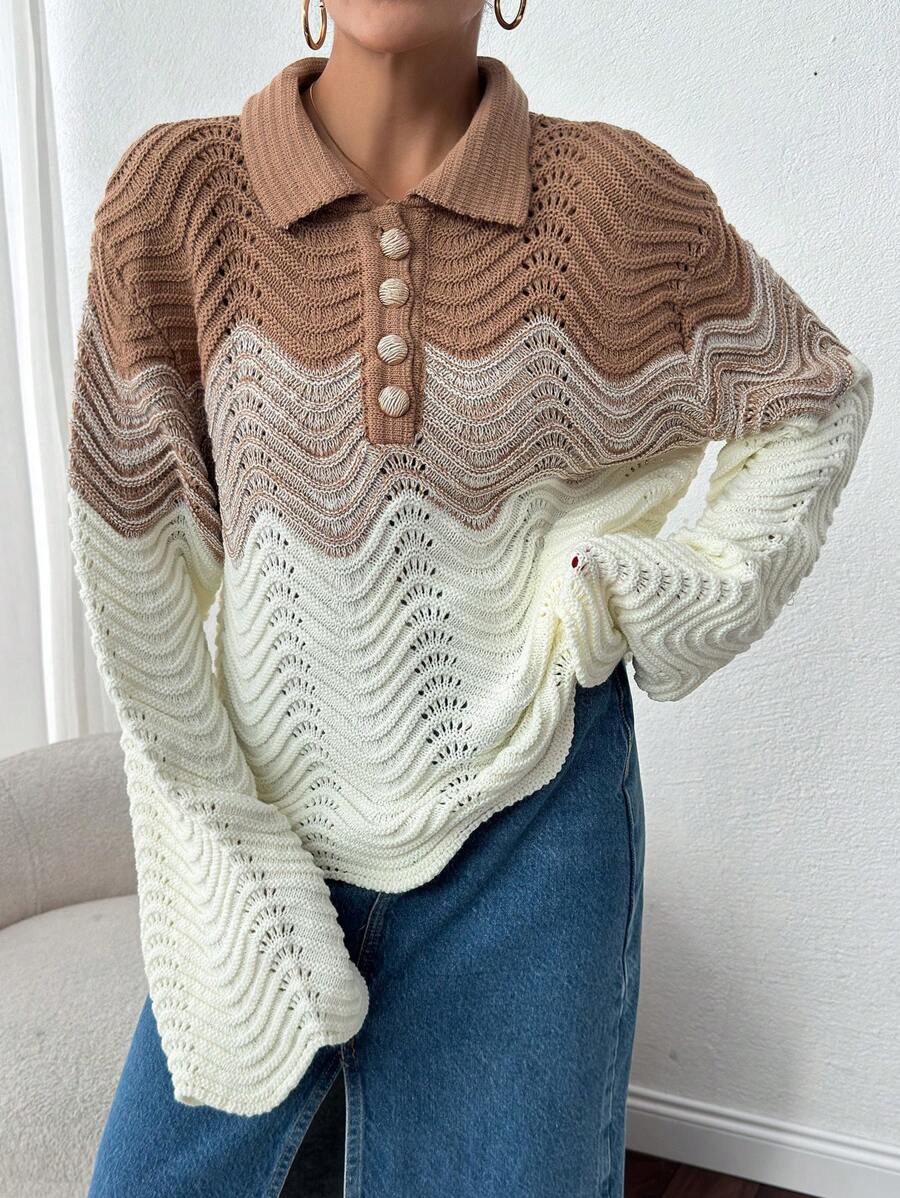 RueChic Button Decor Scallop Zigzag Pullover Sweater Beige - Beige - View 1