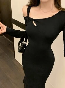 DAZY Vestido tipo body con hombros abiertos hasta la mitad de la pantorrilla, elegante para otoño e invierno