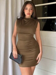 Firerie 1 件女式纯色立领修身收褶迷你连衣裙 - 卡其色 - 查看 3