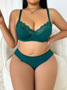 2 piezas Conjunto de lencería sexy con paneles de encaje, talla grande