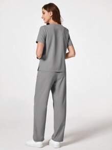 TaskEZ Solid Color V-Neck Pocket Short Sleeve Top And Pants Uniform Clothes Set, Scrub Sets - Grey - View 2