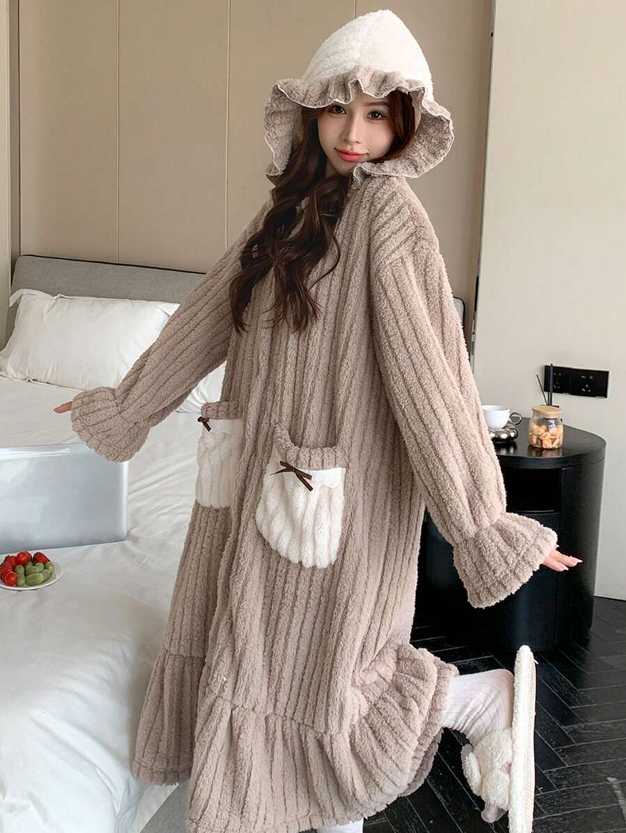 DAZY Oversized Flannel Ruffle Trim Loose Fit Open Front Hooded Robe Fluffy,Thermal Lined Fall,Winter - Khaki - View 1