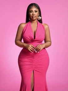 Slaydiva Plus Size Elegant Backless Slit Fishtail Hem Fitted White Evening Dress, Fall/Winter - White - View 4