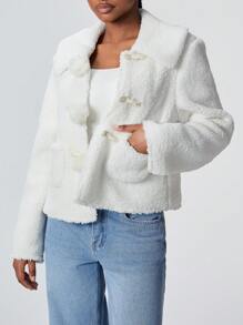 SHEIN Unity 1 件女士休闲简约百搭白色蓬松翻领前开长袖夹克，适合圣诞节、秋冬季 - 白色 - 查看 6