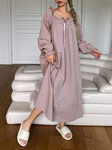 DAZY Váy ngủ tay bồng xếp nếp nhún bèo dễ thương - Bụi tím - Xem 6