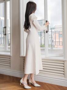 DAZY 女式纯色不对称长袖毛衣裙，秋季服装 - 米色 - 查看 7