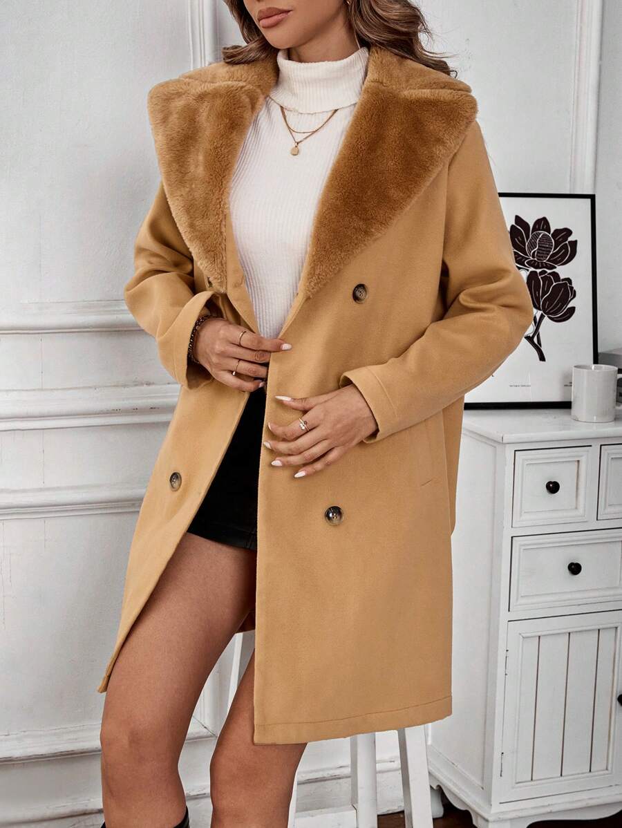 SHEIN Clasi 1 Áo len dài tay cổ lông rộng rãi màu trơn, thu/đông - màu nâu - Xem 1