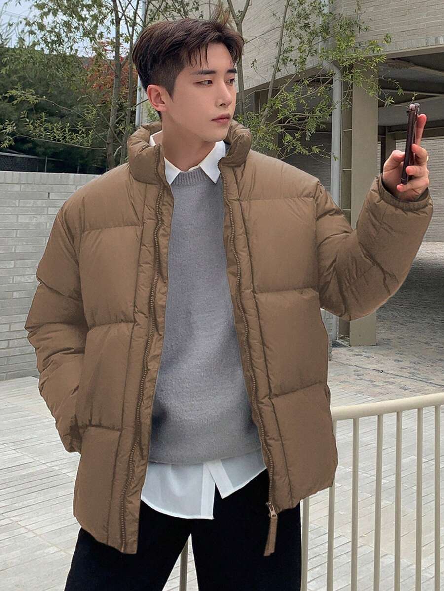 DAZY Men's Casual Solid Color Stand Collar Padded Coat For Winter Jacket - Brown - View 1