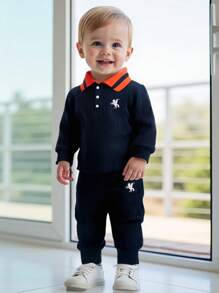 Souflis Souflis 2pcs Baby Boy Polo Collar Long Sleeve T-Shirt With Embroidered Front Logo & Casual Pants Set, Suitable For Autumn - Royal Blue - View 2
