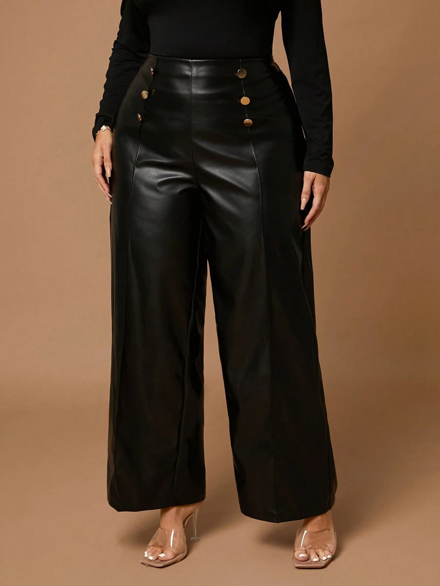 SHEIN BAE Plus Size Gold Button Accessories Black Modified Leg PU Pants Suitable For Daily Versatile,Elegant,Halloween,Christmas,Thanksgiving Day - Black - View 1