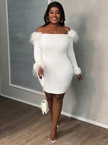 Slaydiva Váy midi dệt kim hở vai cao cấp thanh lịch cỡ lớn cho nữ (xù), Thu/Đông - trắng - Xem 11