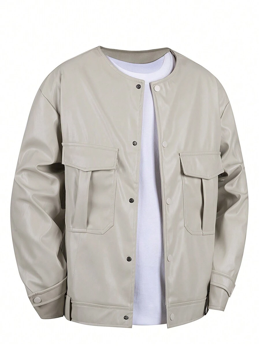 Manfinity Homme 男士休闲纯色单排扣口袋圆领夹克秋季外出街头装长袖轻便夹克，适合朋友、丈夫、男朋友的礼物 - 卡其色 - 查看 1