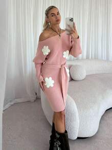 Chiquease Vestido de manga larga con hombros descubiertos y estampado floral, adecuado para otoño e invierno - Rosa - Ver 5