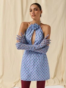 COSMINA Dames Vintage Stijl Polka Dot 3D Bloemen Decor Halter Hals Mini Jurk