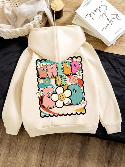 年轻女孩休闲时尚卡通花卉彩色字母图形印花基本款连帽衫