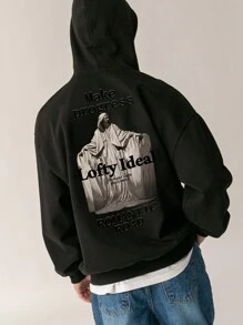 DAZY 男式黑色字母图案印花连帽运动衫，秋季 - 黑色 - 查看 2