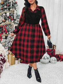 Calvaya Plus Size Checkered Patchwork Brushed Shirt Dress For Autumn, Casual - Multicolor - View 3