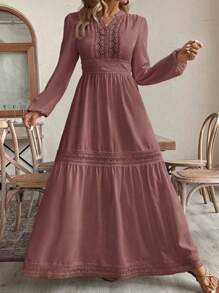 SHEIN VCAY Plus Size Women Simple Solid Color Long Sleeve Casual Dress,Beach Dress Sundress,Holiday Outfits Boho Fall - Dusty Pink - View 3