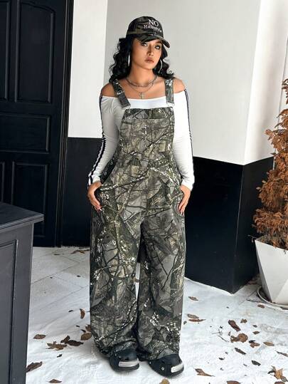 SHEIN ICON Plus Size Women Cotton Casual Baggy Jeans Suspender Pants