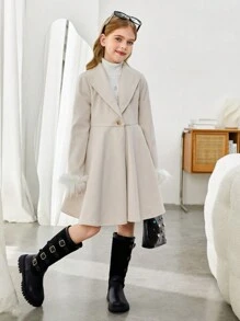 SHEIN Abrigo de manga larga con cuello vuelto, talle ceñido y aplique de borreguito para niñas preadolescentes, estilo casual y minimalista, cómodo, para Navidad
