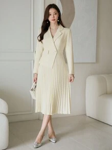 DAZY Vestido de talle medio elegante y minimalista con cuello plano, dobladillo plisado y unicolor, para la temporada de otoño