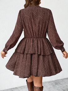 SHEIN Unity Đầm thường ngày họa tiết chấm bi cỡ lớn, viền bèo nhún, phù hợp cho mùa thu - màu nâu - Xem 2