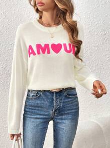 SHEIN Frenchy Suéter de estilo casual con diseño de letra y corazón de hombro caído