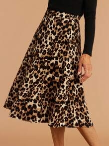 SHEIN LUNE Falda midi informal con estampado de leopardo para uso diario - Multicolor - Ver 1