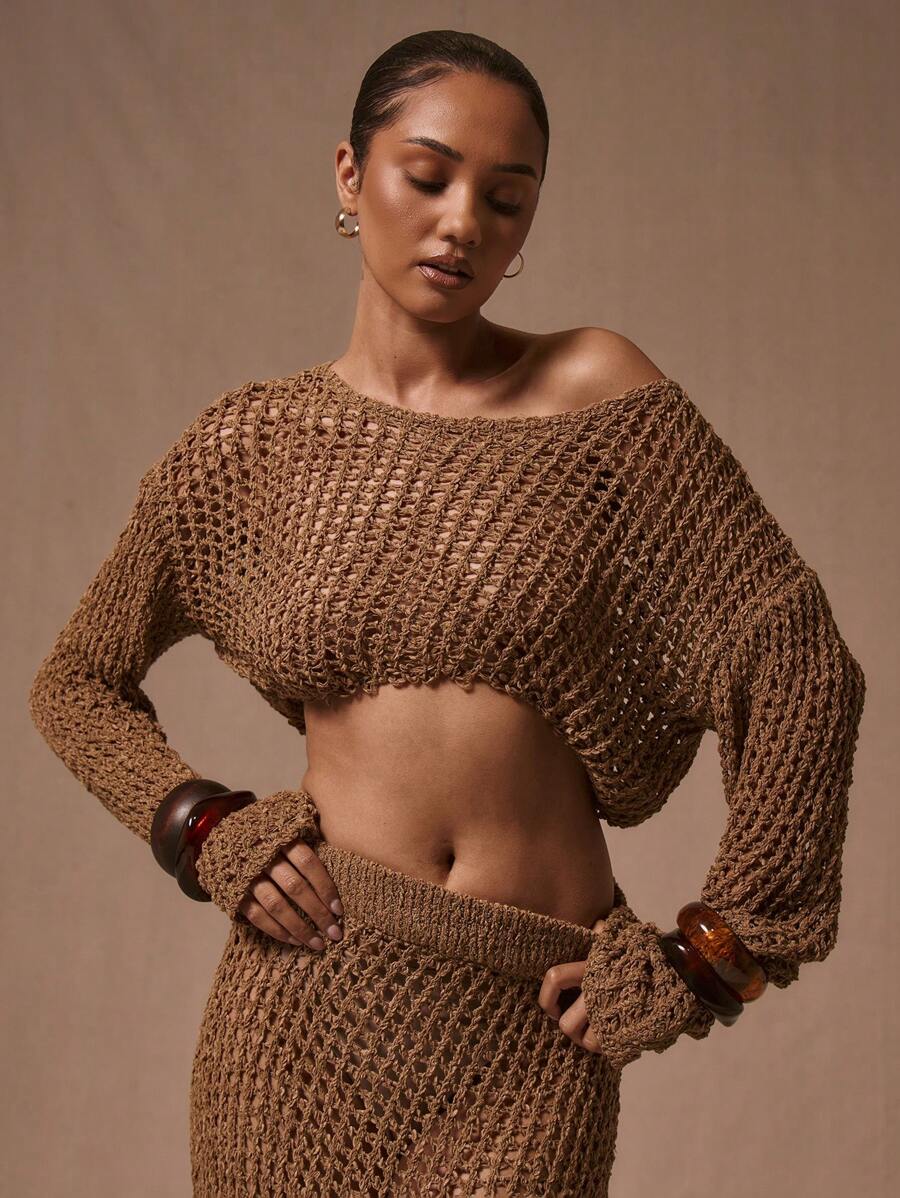 MUSERA Loose Knit Long Sleeve Crop Sweater - Brown - View 1