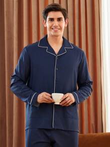 男士蓝色条纹长袖衬衫和裤子两件套家居服套装，适合秋季和冬季穿着