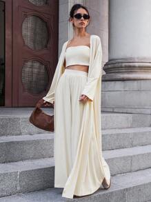 SHEIN Essnce Bộ đồ nữ thu đông 2024 Quần ống rộng thường ngày + Áo ngực đệm ống + Áo len cardigan dài tay xẻ tà dài thêm cho nữ Bộ ba món, Đồ mặc nhà rộng rãi và thường ngày, Bộ ba món dài thoải mái và thân thiện với da - Màu be - Xem 5