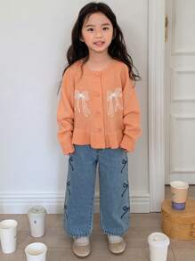 DAZY Young Girl Raglan Sleeve Cardigan With Bowknot Pattern, Autumn/Winter - Orange - View 3