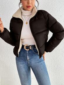 SHEIN Frenchy 女士休闲拉链领加厚外套，保暖内衬，适合冬季日常穿着 - 咖啡棕 - 查看 6