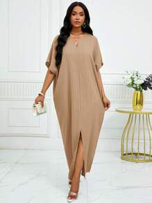 SHEIN Lady Autumn And Summer Simple Solid Notched Batwing Sleeve Split Hem Dress,Summer Dresses For Women