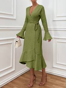 SHEIN Cottnline Elegant Style, Texture Fabric, Belted, Frill Detailed Dress - Lime Green - View 5