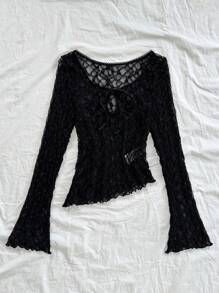 Soleia 女士度假二合一圆领长袖 T 恤，粗针织长袖套头衫 - 黑色 - 查看 3