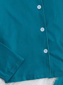 2pcs Tween Girl Lake Blue Solid Color Simple Fashion Pique Fabric Collar Long Sleeve Blouse & Casual Pants Loungewear Set - Blue - View 3