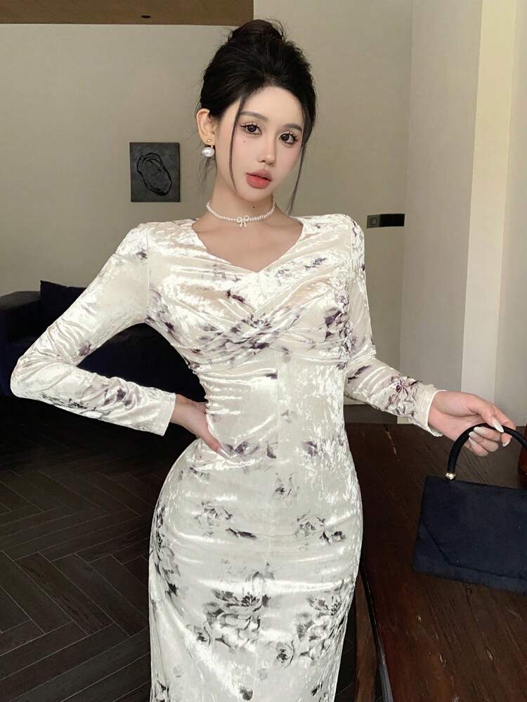 Vestido largo de mujer con estampado floral completo, detalle de giro y manga larga, vestido de cumpleaños, Año Nuevo, baile de graduación, ropa de otoño, vestidos elegantes de mujer
