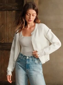 Anewsta Women Short Cardigan Sweater With Beaded Detail,Fringe Trim, Long Sleeve, Solid Color, Round Neck