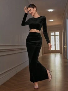 Aveloria Modichic French Style Ins Padded Shoulder Loose Long Sleeve Top Paired With Bodycon Midi Skirt, Women Autumn Party Outfit, Featuring Flannel, Velvet, Exquisite Hemline, Crystal Embellishment, Tie-Up Waist Design, Date Night Look
