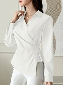 DAZY 1 chiếc áo sơ mi nữ tay dài trơn không đối xứng chéo - trắng - Xem 4