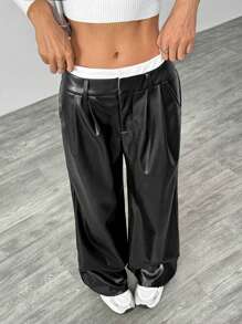 SHEIN EZwear Women PU Black Zipper Fly Wide Leg Pants, For Fall
