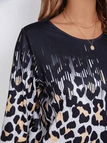 2pcs/Set Plus Size Casual Leopard Print Knit Crew Neck Outfit For Women