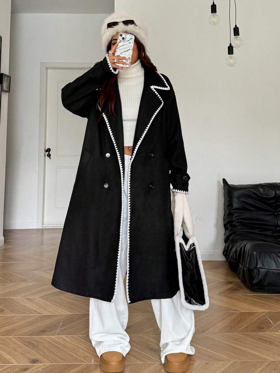 SHEIN EZwear Women's Contrast Color Trimmed Button Front Long Sleeve Pocket Casual Top - Black - View 1