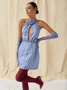 COSMINA Dames Vintage Stijl Polka Dot 3D Bloemen Decor Halter Hals Mini Jurk