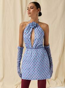 COSMINA Dames Vintage Stijl Polka Dot 3D Bloemen Decor Halter Hals Mini Jurk